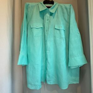 Kim Rogers Women's Aqua Crisp Linen Button Down Shirt 3X | Excellent ConditIon